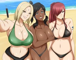 Rule 34 | 3girls, absurdres, artist request, avatar legends, beach, bikini, bikini bottom only, blonde hair, blue eyes, breasts, brown eyes, cleavage, covering privates, covering breasts, crossover, dark-skinned female, dark skin, erza scarlet, fairy tail, hair tubes, highres, huge breasts, korra, large breasts, multiple girls, naruto, naruto (series), naruto shippuuden, ponytail, red hair, selfie, smile, swimsuit, tattoo, the legend of korra, topless, tsunade (naruto), yellow eyes