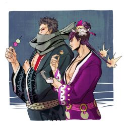 Rule 34 | 2boys, alternate costume, bare pectorals, black eyes, black hair, brothers, charlotte cracker, charlotte katakuri, collarbone, covered mouth, dango, food, from side, hair bun, hand on own arm, hands up, highres, holding, japanese clothes, kimono, living (pixiv5031111), long hair, long sleeves, looking at another, male focus, mask, mask on head, multiple boys, one piece, pectorals, purple eyes, purple hair, scar, scarf, scarf over mouth, short hair, siblings, single hair bun, standing, stitched, takoyaki, third-party edit, twintails, upper body, very short hair, wagashi, wide sleeves