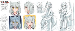 Rule 34 | 1girl, animal ears, bow, bow (weapon), breasts, character name, character sheet, chibi, full body, highres, holding, holding bow (weapon), holding weapon, japanese clothes, kannagi kaede, kimono, large breasts, lilith-soft, multiple views, official art, saijou satoru, silver, simple background, solo, standing, tail, taimanin (series), taimanin rpgx, translation request, upper body, weapon, white hair, wide hips, yellow eyes