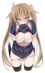Rule 34 | 10s, 1girl, ahoge, black serafuku, black skirt, blush, bra, breasts, brown eyes, brown hair, cleavage, clothes lift, commentary request, highres, kantai collection, large breasts, long hair, looking at viewer, mouth hold, mtu (orewamuzituda), murasame (kancolle), navel, panties, panty pull, pink bra, pink panties, pleated skirt, school uniform, serafuku, shirt lift, simple background, skirt, skirt lift, solo, thighhighs, twintails, underwear, very long hair, white background