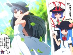 Rule 34 | 2girls, aged down, alternate costume, alternate eye color, alternate hair color, arm up, bare arms, bare shoulders, black hair, black hat, blue hair, blue sash, blue sky, blush, bow, bowtie, brown eyes, capelet, center frills, commentary request, cowboy shot, crossover, day, dress, food, frilled shawl, frills, fruit, hair between eyes, hand on headwear, hand up, hat, hat bow, hinanawi tenshi, holding, holding photo, leaf, long hair, multiple girls, nagae iku, neck ribbon, open mouth, outdoors, parted lips, peach, photo (object), puffy short sleeves, puffy sleeves, red bow, red eyes, red ribbon, ribbon, sash, shawl, shirosato, shirt, short hair, short sleeves, sidelocks, sky, sleeveless, sleeveless dress, speech bubble, standing, touhou, translation request, tree, very long hair, white capelet, white dress, white shirt