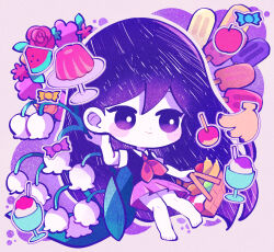 Rule 34 | 1girl, apple, aqua bow, banana, basket, blush, bow, bright pupils, candy apple, chibi, chibi only, closed mouth, collared shirt, colored skin, flower, food, fruit, gelatin, hair behind ear, hair between eyes, hand on own ear, highres, holding, holding basket, ice cream, kohinata kanoo, lily of the valley, long hair, looking at food, mari (headspace) (omori), mari (omori), neckerchief, omori, outline, picnic basket, pink background, pink outline, pink skirt, popsicle, purple eyes, purple hair, purple sweater vest, red neckerchief, shirt, short sleeves, skirt, smile, solo, sweater vest, very long hair, watermelon, watermelon slice, white flower, white outline, white pupils, white shirt, white skin