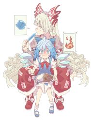 Rule 34 | 2girls, :t, absurdres, banana takemura, blue dress, blue eyes, blue hair, bow, cirno, curry, curry rice, dress, eating, fairy wings, fire, food, footwear bow, fujiwara no mokou, hair bow, highres, holding, holding food, ice, ice wings, long hair, looking away, mary janes, multiple girls, pants, pinafore dress, popsicle, puffy sleeves, red eyes, red footwear, ribbon, rice, shoes, silver hair, sitting, sitting on lap, sitting on person, sleeveless dress, socks, speech bubble, spicy, suspenders, sweat, touhou, very long hair, white background, wings