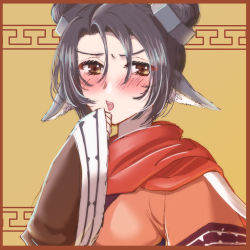 1girl ainu_clothes amena_meru animal_ears aquaplus black_hair blush double_bun hair_between_eyes hair_bun hair_ornament kamuchataal looking_to_the_side open_mouth short_hair teeth utawarerumono