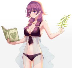 Rule 34 | 1girl, arcelle, bikini, black bikini, book, breasts, cleavage, closed mouth, fire emblem, fire emblem: the sacred stones, fire emblem heroes, highres, holding, holding book, long hair, lute (fire emblem), navel, nintendo, open book, purple eyes, purple hair, simple background, solo, swimsuit, white background