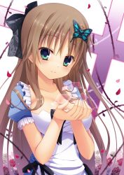 Rule 34 | 1girl, aqua eyes, blush, breasts, brown hair, butterfly hair ornament, cleavage, collarbone, dress, hair ornament, hapymaher, highres, large breasts, long hair, looking at viewer, smile, solo, toriumi arisu, upper body, very long hair, white background, yuzu modoki