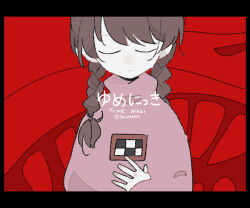 Rule 34 | 1girl, braid, brown hair, closed eyes, commentary request, copyright name, english text, flat color, hand on own chest, letterboxed, light frown, looking down, madotsuki, medium hair, pink sweater, red background, simple background, solo, sweater, tamanoha (cookware), twin braids, twitter username, yume nikki