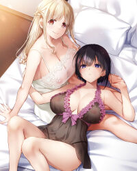 Rule 34 | 2girls, bare shoulders, bed sheet, black dress, black hair, blonde hair, blue eyes, braid, breasts, breasts apart, cleavage, closed mouth, commentary request, covered erect nipples, covered navel, crown braid, dress, frown, highres, holding hands, knees up, large breasts, lingerie, long hair, looking at viewer, looking up, lying, multiple girls, nakajima yuka, on back, on bed, orange eyes, original, pillow, short hair, sleepwear, smile, underwear, white dress