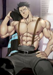 Rule 34 | 1boy, abs, absurdres, akitaru oubi, bara, black hair, collarbone, en&#039;en no shouboutai, highres, large pectorals, looking at viewer, male focus, manly, muscular, nipples, pants, pectorals, simple background, solo, suyohara, thick thighs, thighs, topless male, upper body