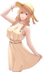 Rule 34 | 1girl, arm up, blonde hair, bracelet, breasts, brown eyes, cleavage, collarbone, cowboy shot, dress, drill hair, hair between eyes, hair over shoulder, hat, hat ribbon, highres, jewelry, large breasts, long hair, looking at viewer, multiple girls, original, parted lips, red ribbon, ribbon, shiny skin, short dress, simple background, sleeveless, sleeveless dress, solo, standing, sthreep, sun hat, sundress, twin drills, white background, yellow dress, yellow hat