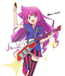 Rule 34 | 1girl, arm up, blue eyes, blue shirt, card, duel disk, earrings, electric guitar, guitar, haru 7road, heart, heart earrings, holding, holding card, holding guitar, holding instrument, instrument, jewelry, kirishima romin, long hair, looking at viewer, open mouth, purple hair, shirt, simple background, skirt, smile, sparkle, thighhighs, white background, yu-gi-oh!, yu-gi-oh! sevens