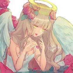 Rule 34 | 1girl, angel, angel wings, blonde hair, crying, crying with eyes open, dress, feathered wings, floral background, flower, hair flower, hair ornament, halo, highres, long hair, mashiro rima, petals, red flower, red rose, rose, shugo chara!, signature, solo, spaghetti strap, tears, waka ryou, wavy hair, white background, white dress, wings, yellow eyes