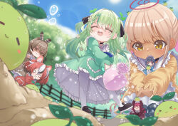 Rule 34 | 6+girls, absurdres, aged down, animal ears, brown eyes, brown hair, ceres fauna, chibi, child, closed eyes, dirt, dress, feather hair ornament, feathers, fence, frilled dress, frills, from below, green hair, hair between eyes, hair ornament, hakos baelz, highres, holocouncil, hololive, hololive english, horns, irys (hololive), leaf, long skirt, medium hair, multiple girls, nanashi mumei, open mouth, ouro kronii, outdoors, pantyhose, puffy sleeves, red hair, sapling (ceres fauna), senbon tsuki, size difference, skirt, smile, sprout, teeth, tsukumo sana, twintails, upper teeth only, virtual youtuber, water, water drop
