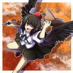 Rule 34 | 1girl, bird wings, black bow, black bowtie, black wings, book, bow, bowtie, bright pupils, collared shirt, full body, hat, highres, holding, holding book, holding pen, hurin raika, looking at viewer, open mouth, outline, outside border, pen, pom pom (clothes), red eyes, red hat, shameimaru aya, shirt, short sleeves, solo, tokin hat, touhou, white outline, white pupils, white shirt, wings