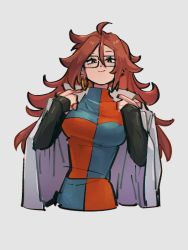 Rule 34 | 1girl, android 21, black sleeves, breasts, checkered clothes, checkered dress, closed mouth, dragon ball, dragon ball fighterz, dress, earrings, glasses, grey background, hoop earrings, jewelry, kemachiku, lab coat, large breasts, long hair, looking at viewer, red hair, simple background, smile, solo