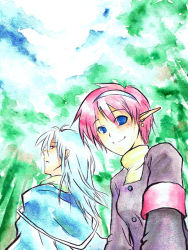 Rule 34 | 1boy, 1girl, armband, calligraphy brush (medium), chisato madison, dias flac, painting (medium), pointy ears, red armband, star ocean, star ocean the second story, traditional media, watercolor (medium)