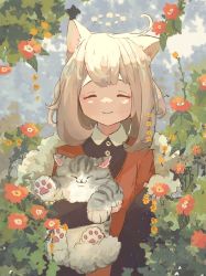 Rule 34 | 1girl, animal ears, blush, buttons, cat, cat ears, cat girl, closed eyes, dress, facing viewer, flower, highres, holding, leaf, medium hair, oimo imoo, original, outdoors, smile, solo