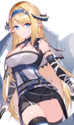Rule 34 | 1girl, absurdres, arknights, bad id, bad pixiv id, belt, black skirt, blonde hair, blue eyes, blue hairband, breasts, cleavage, gloves, hair between eyes, hairband, highres, horns, large breasts, long hair, looking at viewer, pointy ears, rikoma, saileach (arknights), simple background, skirt, smile, solo, thighhighs, thighs, white background