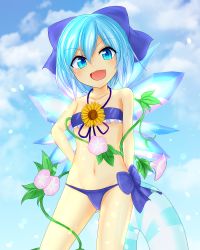 Rule 34 | 1girl, :d, bikini, blue bikini, blue bow, blue hair, blue sky, bow, breasts, cirno, cloud, cowboy shot, flower, gradient sky, hair bow, highres, jemen, looking at viewer, navel, open mouth, outdoors, short hair, sky, small breasts, smile, solo, standing, sunflower, swimsuit, touhou