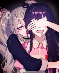 Rule 34 | 2girls, apron, bear hair ornament, black choker, black shirt, blonde hair, blush, choker, covering another&#039;s eyes, covering own eyes, danganronpa: trigger happy havoc, danganronpa (series), danganronpa 2: goodbye despair, drooling, enoshima junko, gradient background, grey background, hair ornament, hand on another&#039;s face, highres, kkochmeli, long hair, long sleeves, looking at another, multiple girls, nail polish, open mouth, pink nails, pink shirt, shirt, tsumiki mikan, twintails, upper body