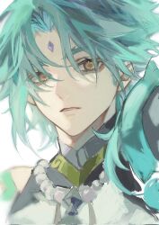Rule 34 | 1boy, aqua hair, armor, facial mark, forehead mark, genshin impact, green hair, highres, jewelry, male focus, mayu mey, multicolored hair, necklace, parted lips, pauldrons, pearl necklace, portrait, shirt, shoulder armor, shoulder tattoo, simple background, single bare shoulder, single pauldron, sleeveless, sleeveless shirt, solo, tattoo, teeth, two-tone hair, white background, white shirt, xiao (genshin impact), yellow eyes
