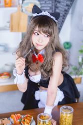 Rule 34 | 1girl, animal ears, asian, breasts, brown hair, cat ears, cleavage, cosplay, dress, fake animal ears, food, indoors, japanese (nationality), leaning forward, licking lips, maid, maid headdress, midriff, photo (medium), smile, solo, tongue, tongue out