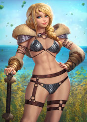 Rule 34 | 1girl, arm warmers, armor, artist name, astrid hofferson, belt, bikini armor, blonde hair, blue eyes, blue sky, braid, breasts, bush, closed mouth, cowboy shot, day, fur trim, hair over shoulder, hand on own hip, headband, horizon, how to train your dragon, long hair, medium breasts, mixed-language commentary, motion blur, narrow waist, navel, neoartcore, o-ring, ocean, aged up, outdoors, pussy shield, red lips, shoulder armor, single braid, skull, sky, smile, solo, stomach, thigh strap, toned, watermark
