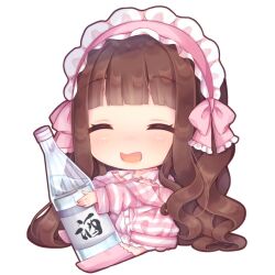Rule 34 | 1girl, :d, ^ ^, blush, bottle, brown hair, caramel (caramelmilk), chibi, closed eyes, dress, facing viewer, frilled hairband, frills, full body, hairband, highres, holding, holding bottle, hood, hood down, hooded jacket, jacket, long hair, long sleeves, mini person, minigirl, no shoes, open mouth, original, pink hairband, pink thighhighs, puffy long sleeves, puffy sleeves, simple background, sitting, smile, solo, striped clothes, striped jacket, thighhighs, very long hair, white background, white dress