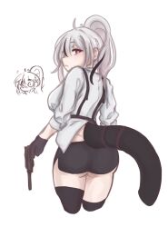 Rule 34 | 1girl, ahoge, ass, black gloves, black hair, black shorts, black thighhighs, breasts, cetacean tail, chonkyorca, closed mouth, commentary, cropped legs, english commentary, fins, fish tail, from behind, gloves, grey hair, gun, hair between eyes, high ponytail, highres, holding, holding gun, holding weapon, long sleeves, medium breasts, multicolored hair, multiple views, original, ponytail, purple eyes, shirt, short shorts, shorts, simple background, streaked hair, tail, thighhighs, weapon, white background, white shirt