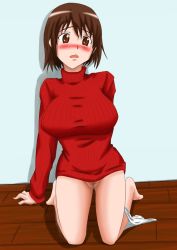 Rule 34 | 00s, 1girl, alternate breast size, arm support, barefoot, blush, bob cut, breasts, brown eyes, brown hair, embarrassed, igatto, kneeling, large breasts, nakahara misaki, nhk ni youkoso!, on floor, panties, panties around leg, pubic hair, pussy, sweat, sweater, tagme, taut clothes, taut sweater, uncensored, underwear, white panties, wooden floor