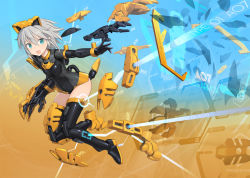 Rule 34 | 1girl, blue eyes, boots, cable, copyright name, doll joints, floating hair, grey hair, hair between eyes, highres, joints, key visual, logo, mecha musume, mechanical parts, model kit, official art, open hand, open hands, promotional art, richetta (30ms), science fiction, shimada fumikane, short hair, solo, thigh boots, thighhighs, thirty minutes sisters