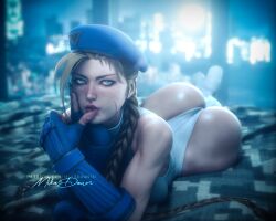 Rule 34 | 1girl, absurdres, arm support, artist name, ass, bare legs, bare shoulders, blonde hair, braid, breasts, cammy white, fingerless gloves, gloves, highleg, highleg leotard, highres, huge ass, large breasts, leotard, long hair, looking at viewer, lying, mikadawn3d, on stomach, shiny skin, skindentation, solo, street fighter, thong leotard, twin braids, very long hair, white leotard