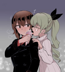 Rule 34 | 10s, 2girls, absurdres, alternate hairstyle, anchovy (girls und panzer), aomushi (mushamusha), black jacket, black ribbon, blush, brown eyes, brown hair, casual, closed mouth, dress shirt, drill hair, closed eyes, food, fume, girls und panzer, glasses, green hair, hair ribbon, hand on another&#039;s shoulder, highres, holding, holding food, ice cream, ice cream cone, jacket, licking, long hair, looking at another, looking back, multiple girls, nishizumi maho, open mouth, ponytail, red shirt, ribbed sweater, ribbon, round eyewear, sharing food, shirt, short hair, standing, sweat, sweater, tongue, tongue out, turtleneck, white sweater