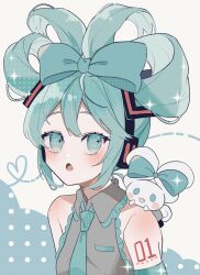 Rule 34 | 1girl, aqua bow, aqua eyes, aqua hair, aqua necktie, bare shoulders, blush, bow, cinnamiku, cinnamoroll, collared shirt, commentary request, detached sleeves, ear bow, facing viewer, folded twintails, grey shirt, hair bow, hatsune miku, highres, maca1227, matching outfits, necktie, number tattoo, open mouth, sanrio, shirt, solo, symbol in eye, tattoo, tied ears, updo, upper body, vocaloid