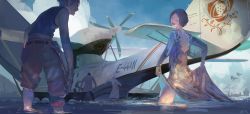Rule 34 | 1boy, 1girl, ace combat, ace combat 7: skies unknown, aircraft, airplane, character request, closed eyes, flying boat, ocean, propeller, seaplane, spirit chiasma, vehicle focus, wading, water