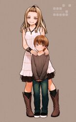 Rule 34 | 1boy, 1girl, age difference, bangs pinned back, bare shoulders, blonde hair, blush, boots, bracelet, brown eyes, brown hair, commentary request, denim, dress, embarrassed, forehead, full body, grey shirt, hands on another&#039;s shoulders, highres, jeans, jewelry, long hair, looking at viewer, looking to the side, necklace, onee-shota, original, pants, rustle, shirt, shoes, smile, sneakers, white dress