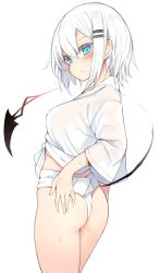 Rule 34 | 1girl, ass, blue eyes, blush, breasts, closed mouth, demon tail, eyebrows hidden by hair, from behind, hair between eyes, hair ornament, hairclip, hand on own ass, highres, long sleeves, looking at viewer, looking back, medium breasts, original, otokuyou, simple background, solo, sweat, tail, white background, white hair, wide sleeves