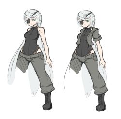 Rule 34 | 1girl, arceonn, blue eyes, boots, borrowed character, breasts, combat boots, concept art, cropped jacket, cropped legs, eyepatch, greyscale, hair down, harness, leotard, long hair, monochrome, multiple views, original, pants, pants rolled up, silver hair, small breasts, variations, very long hair
