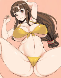 Rule 34 | 10s, 1girl, arms up, ass, bad id, bad pixiv id, bikini, blunt bangs, blush, breasts, brown eyes, brown hair, cameltoe, cleavage, covered erect nipples, cowboy shot, crotch, curvy, from above, front-tie bikini top, front-tie top, hai ookami, head tilt, highres, jewelry, large breasts, light smile, long hair, looking at viewer, low-tied long hair, lying, navel, necklace, on back, parted bangs, pink background, saaya (suisei no gargantia), sidelocks, simple background, smile, spread legs, strap gap, suisei no gargantia, swimsuit, thick thighs, thighs, underboob, very long hair, yellow bikini