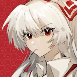 Rule 34 | 1girl, akamu1119, bow, closed mouth, collared shirt, floral background, fujiwara no mokou, hair bow, highres, looking at viewer, mouth hold, portrait, red bow, red eyes, shirt, solo, stalk in mouth, suspenders, touhou, two-tone bow, white bow, white hair, white shirt