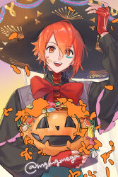 Rule 34 | 1boy, absurdres, black hat, black jacket, bow, facial mark, fingerless gloves, gloves, hat, highres, idolish7, jack-o&#039;-lantern, jacket, male focus, mgmgmega, nanase riku, official alternate costume, open mouth, red bow, red eyes, red gloves, red hair, short hair, smile, solo, sombrero, teeth