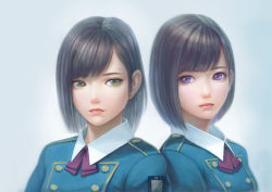 Rule 34 | 2girls, ascot, badge, black hair, buttons, closed mouth, eyelashes, gradient background, green eyes, group name, keyakizaka46, light frown, light smile, looking at viewer, looking to the side, multiple girls, purple eyes, real life, real life insert, shida manaka, side-by-side, swept bangs, uniform, upper body, watanabe risa (idol), zhenlin