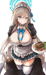 Rule 34 | 1girl, absurdres, apron, asuna (blue archive), black dress, blue archive, blue bow, blue bowtie, blue choker, blue eyes, blush, bow, bowtie, breasts, choker, commentary, cowboy shot, dress, food, gloves, grey hair, grin, halo, highres, holding, holding plate, large breasts, long hair, looking at viewer, maid, maid headdress, nui gurumi, plate, pleated dress, puffy short sleeves, puffy sleeves, short dress, short sleeves, simple background, smile, solo, standing, thighhighs, very long hair, waist apron, white background, white gloves, white thighhighs, zettai ryouiki