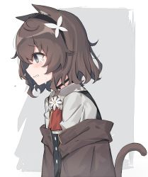Rule 34 | 1girl, animal ears, black vest, brown coat, brown hair, cat ears, cat girl, cat tail, coat, crying, crying with eyes open, grey eyes, hairband, highres, kurioshi fio, off shoulder, open clothes, open coat, original, satou (3366 s), short hair, tail, tears, vest