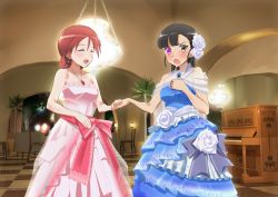 Rule 34 | 2girls, ^ ^, alternate costume, alternate hairstyle, black hair, blush, braid, breasts, evening gown, closed eyes, flower, hair ornament, holding hands, heterochromia, indoors, instrument, jewelry, kaneko (novram58), long hair, looking at viewer, minna-dietlinde wilcke, multiple girls, necklace, no eyepatch, open mouth, piano, pink eyes, red hair, sakamoto mio, smile, strike witches, sweatdrop, upright piano, world witches series, yellow eyes