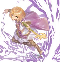 Rule 34 | 1girl, :d, blonde hair, blunt bangs, bob cut, boots, bracer, brown footwear, cape, full body, golden sun, green eyes, highres, holding, holding staff, leg up, monosenbei, open mouth, purple cape, sheba (golden sun), short hair, simple background, smile, solo, staff, teeth, v-shaped eyebrows, white background