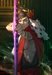Rule 34 | 1boy, absurdres, aiming, aiming at viewer, ancient greek clothes, arrow (projectile), black hair, black sclera, blurry, blurry background, bow (weapon), colored sclera, commentary, english commentary, fan mu zhang, greco-roman clothes, green eyes, hades (series), hades 1, heterochromia, highres, holding, holding bow (weapon), holding weapon, laurel crown, looking at viewer, male focus, muscular, muscular male, parted lips, red eyes, serious, skull, solo, teeth, weapon, zagreus (hades)