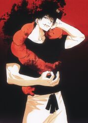 Rule 34 | 1boy, black hair, black shirt, blood, commentary request, fushiguro touji, green eyes, highres, jujutsu kaisen, looking at viewer, male focus, mature male, monster, muscular, muscular male, pants, scar, scar on face, scar on mouth, shenshan laolin, shirt, short hair, short sleeves, smirk, white pants