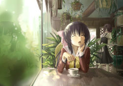 Rule 34 | 2girls, ;o, blue hair, bow, breasts, cafe, commentary, cup, hair bow, highres, indoors, large breasts, long hair, multiple girls, noihara himari, omamori himari, one eye closed, open mouth, plant, plex, ponytail, purple eyes, reflection, school uniform, sitting, table, teacup, waitress, walking, window, yawning