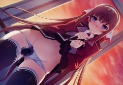 Rule 34 | 1girl, amagi yui, artist request, backlighting, black thighhighs, blue eyes, blush, brown hair, clothes lift, clothing aside, cropped legs, dusk, dutch angle, grey panties, groin, headdress, highres, itoshii kanojo no mamorikata, lace, lace-trimmed legwear, lace trim, long hair, long sleeves, looking at viewer, lowleg, lowleg panties, navel, nose blush, object insertion, panties, panties aside, parted lips, senomoto hisashi, skindentation, skirt, skirt lift, solo, thighhighs, underwear, upskirt, very long hair, white background